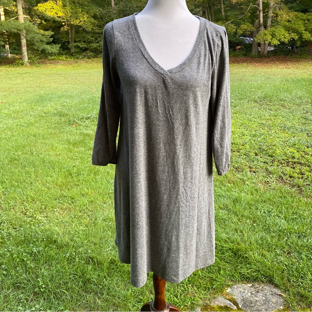 SINUOUS DRESS SHIFT TRAPEZE GRAY V-NECK CUT OUT 3/4 SLEEVES SIZE S USA